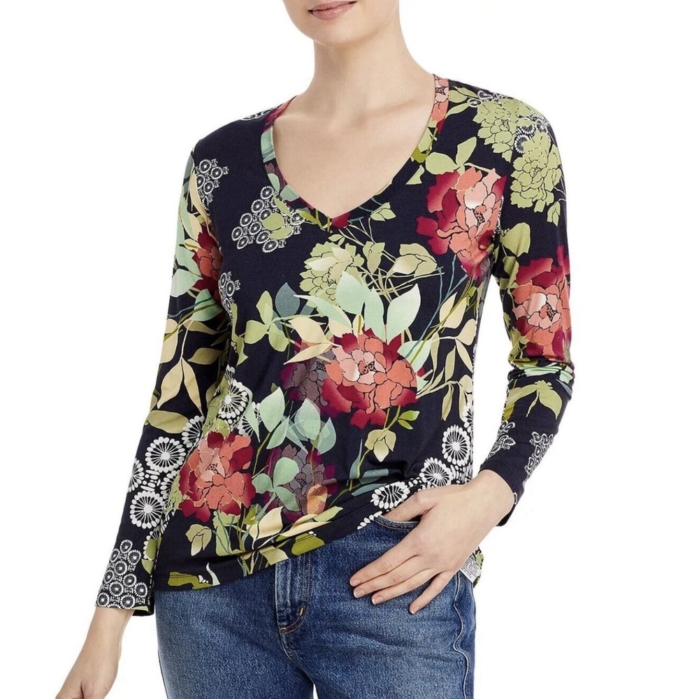 Johnny Was Sierra Favorite Boho Long Sleeve V-Neck Tee Top Multi XL $138